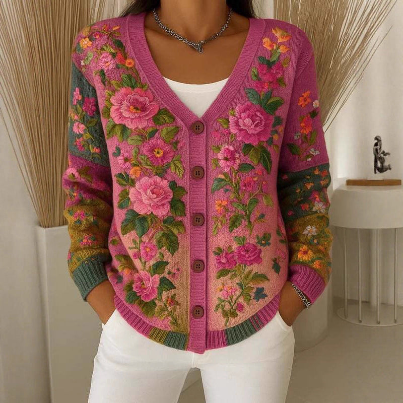 Floral Print V-Neck Cardigan Support Breast Cancer