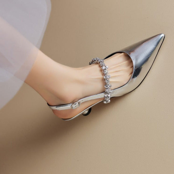 Elegant Kitten Heel Shoes - Vegan Leather with Rhinestone Detail