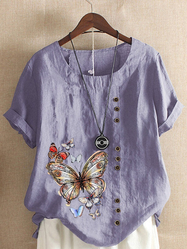 Elise - Linen T-Shirt with Butterfly Motif