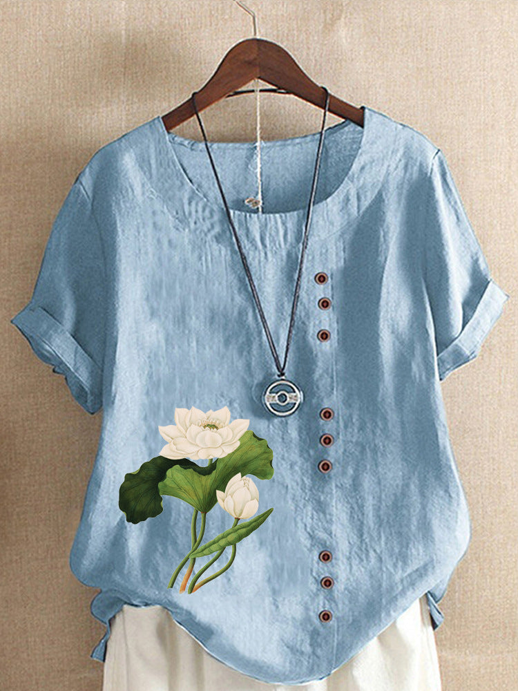 Sara - Linen T-Shirt With Flower Motif