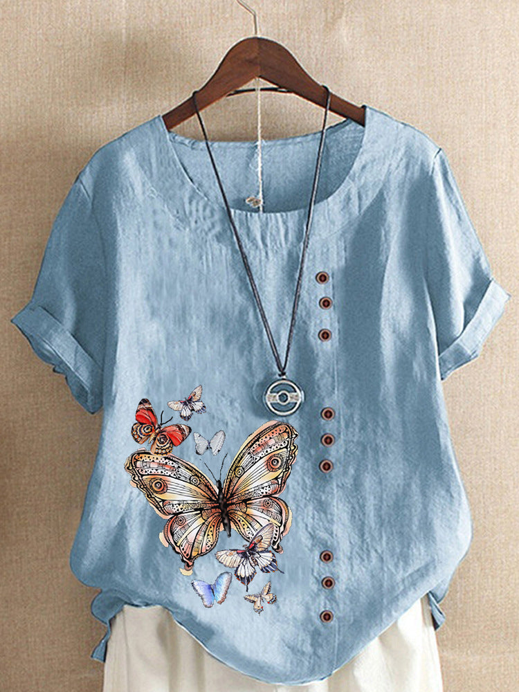 Elise - Linen T-Shirt with Butterfly Motif