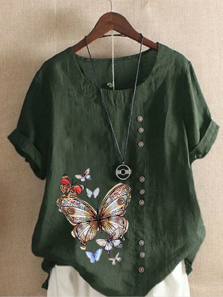 Elise - Linen T-Shirt with Butterfly Motif