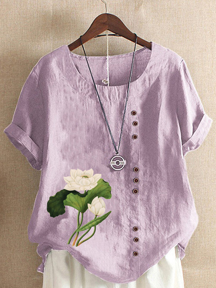 Sara - Linen T-Shirt With Flower Motif