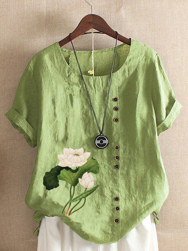 Sara - Linen T-Shirt With Flower Motif