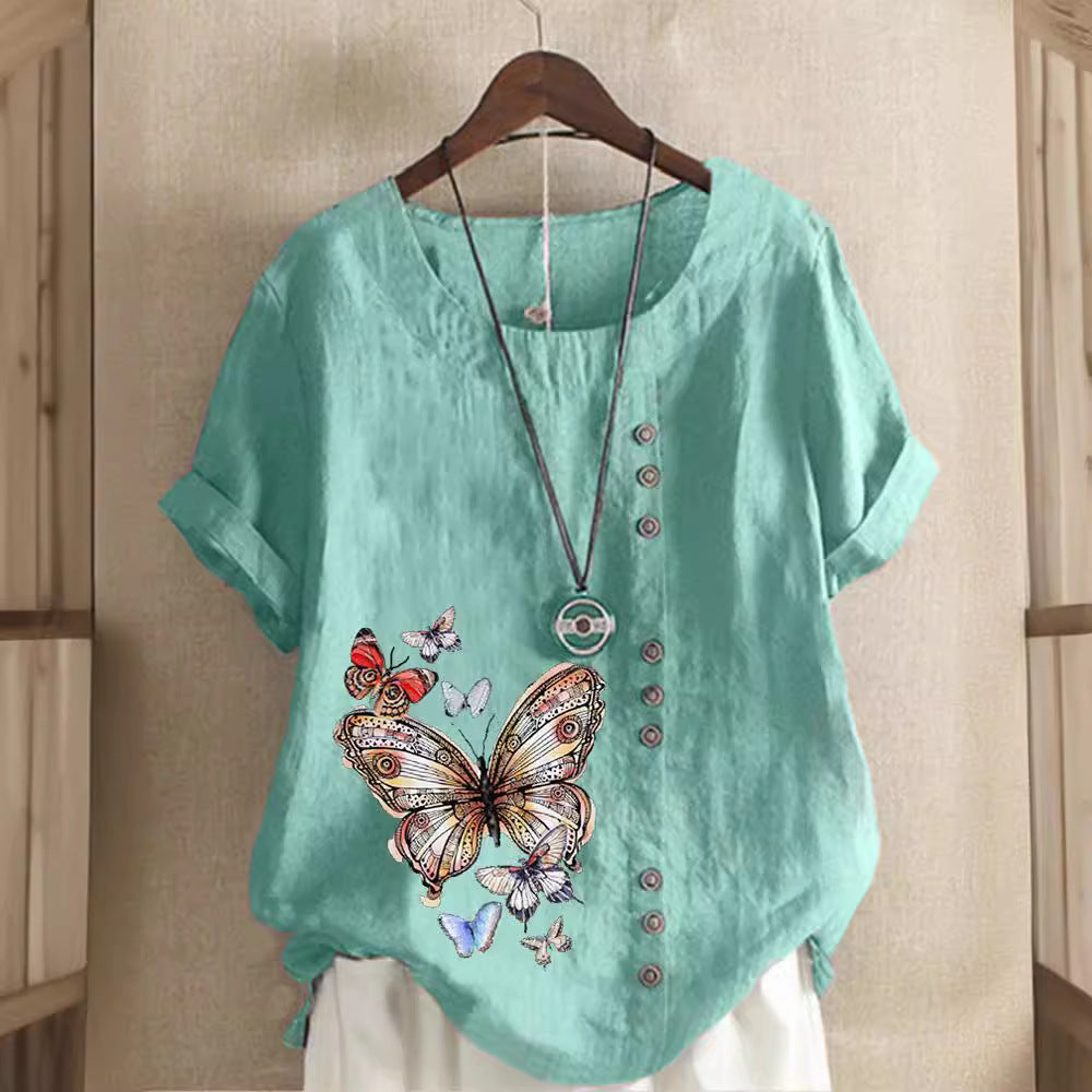 Elise - Linen T-Shirt with Butterfly Motif