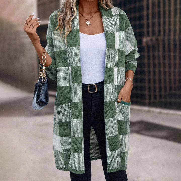 Plaid Long Cardigan - Cozy Knit Layering Essential for Women
