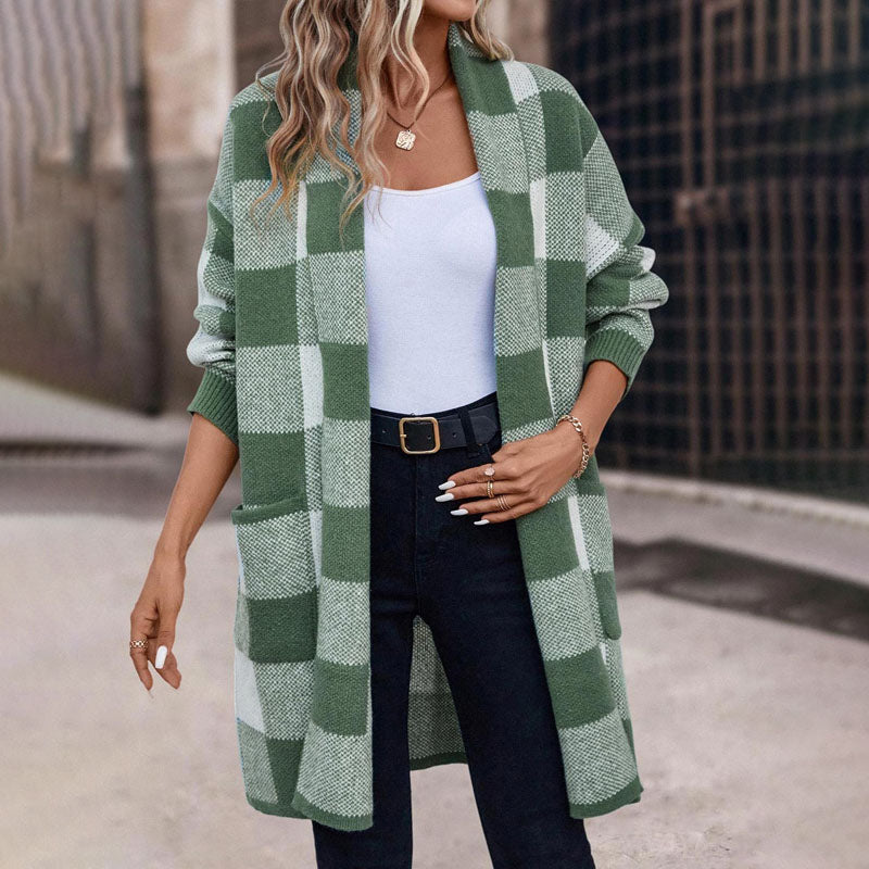 Plaid Long Cardigan - Cozy Knit Layering Essential for Women