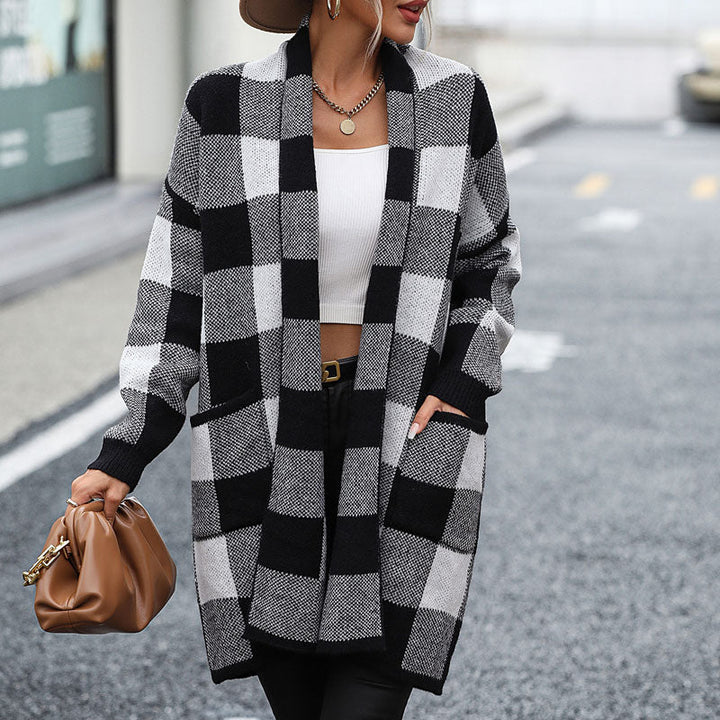 Plaid Long Cardigan - Cozy Knit Layering Essential for Women