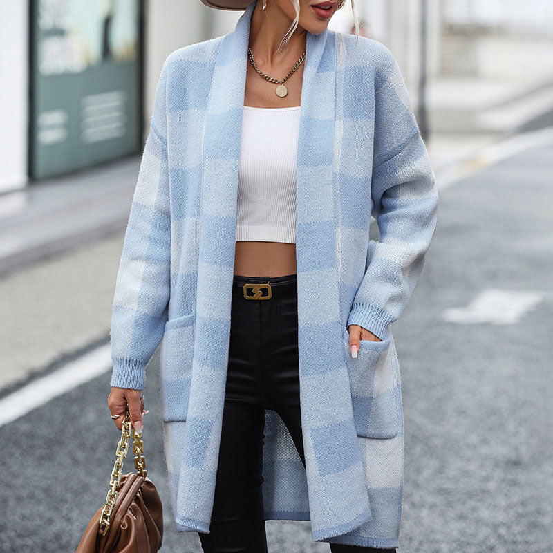 Plaid Long Cardigan - Cozy Knit Layering Essential for Women