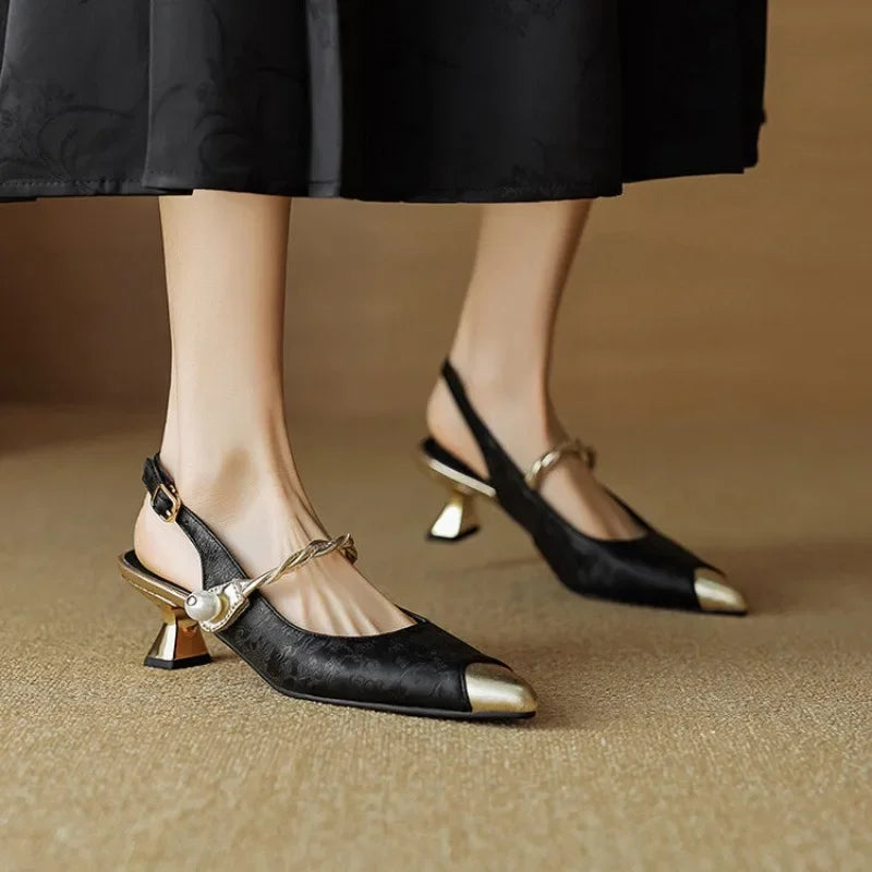 Vintage-Inspired Kitten Heels - Elegant Satin Finish & Pearl Strap
