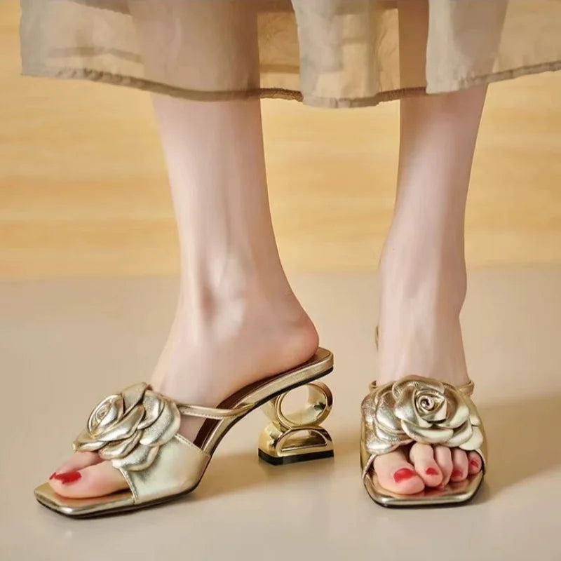 Statement Sandal - Glossy Metallic Vegan Leather with Rose Detail