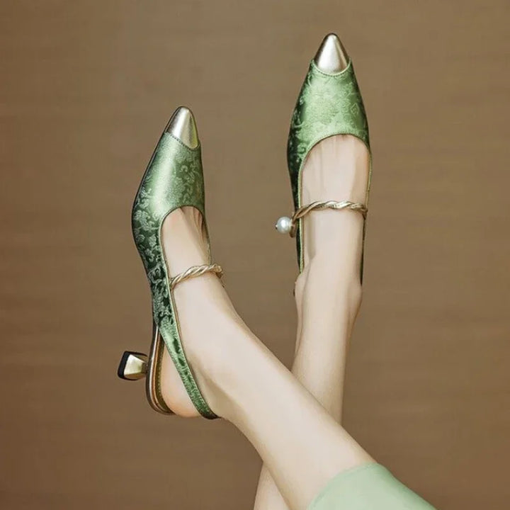 Vintage-Inspired Kitten Heels - Elegant Satin Finish & Pearl Strap