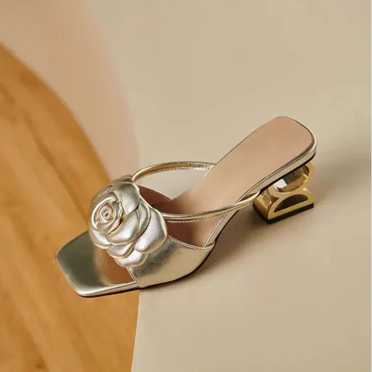 Statement Sandal - Glossy Metallic Vegan Leather with Rose Detail