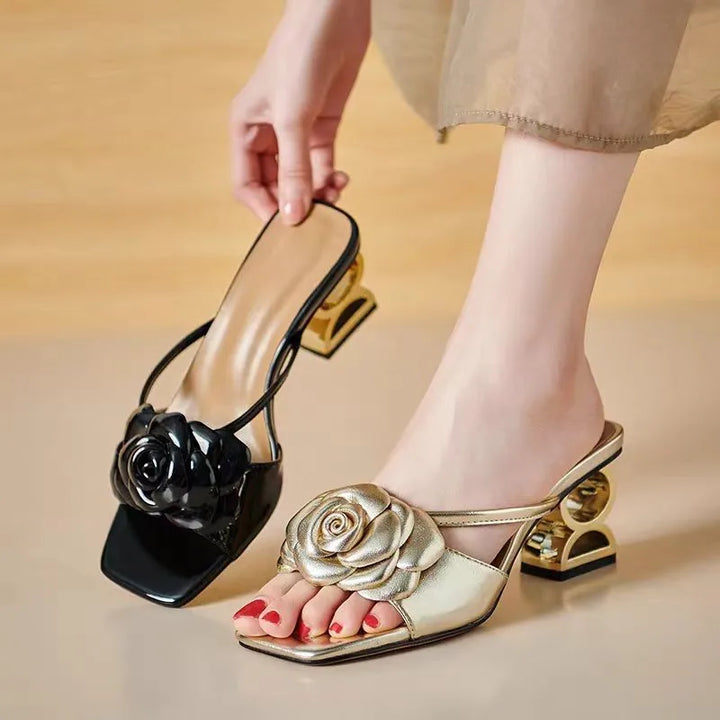 Statement Sandal - Glossy Metallic Vegan Leather with Rose Detail