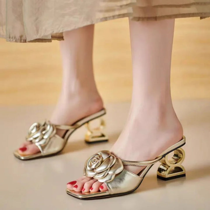 Statement Sandal - Glossy Metallic Vegan Leather with Rose Detail