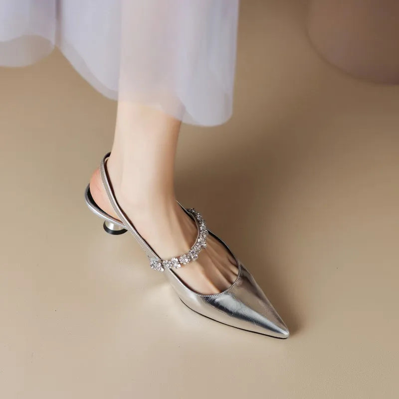 Elegant Kitten Heel Shoes - Vegan Leather with Rhinestone Detail