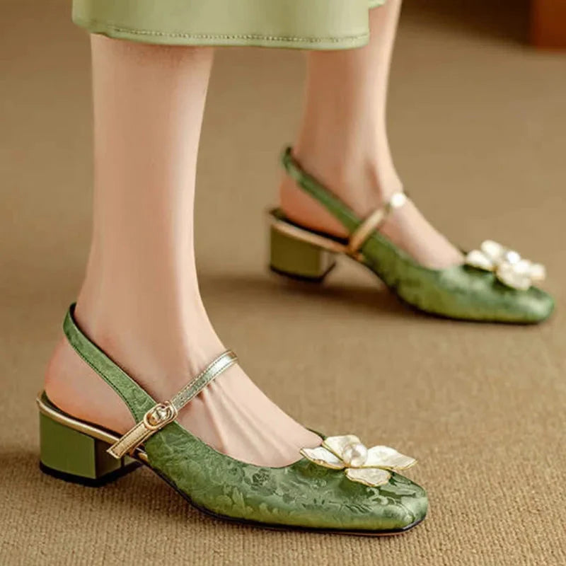 Vintage Slingback Heels - Elegant Floral Design & All-Day Comfort