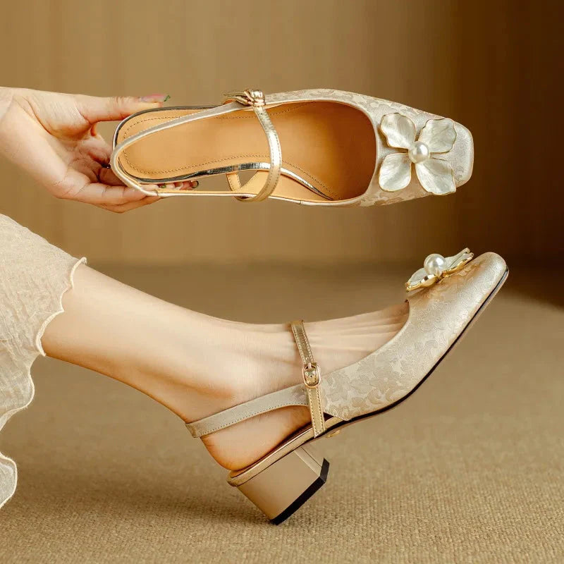Variant image for Vintage Slingback Heels - All-Day Comfort with Floral Accents-13