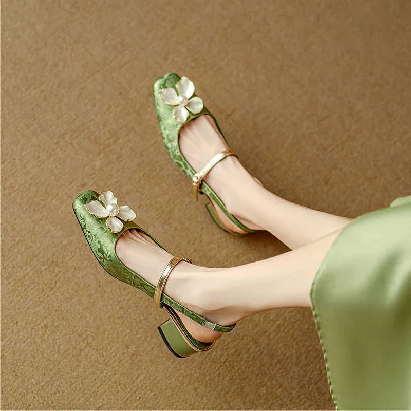 Vintage Slingback Heels - All-Day Comfort with Floral Accents