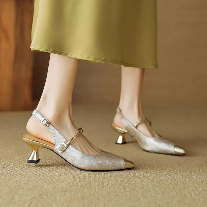 Vintage-Inspired Kitten Heels - Elegant Satin Finish & Pearl Strap