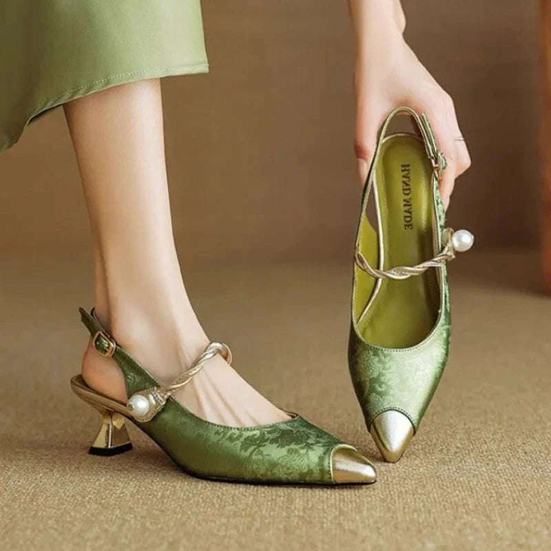 Vintage-Inspired Kitten Heels - Elegant Satin Finish & Pearl Strap