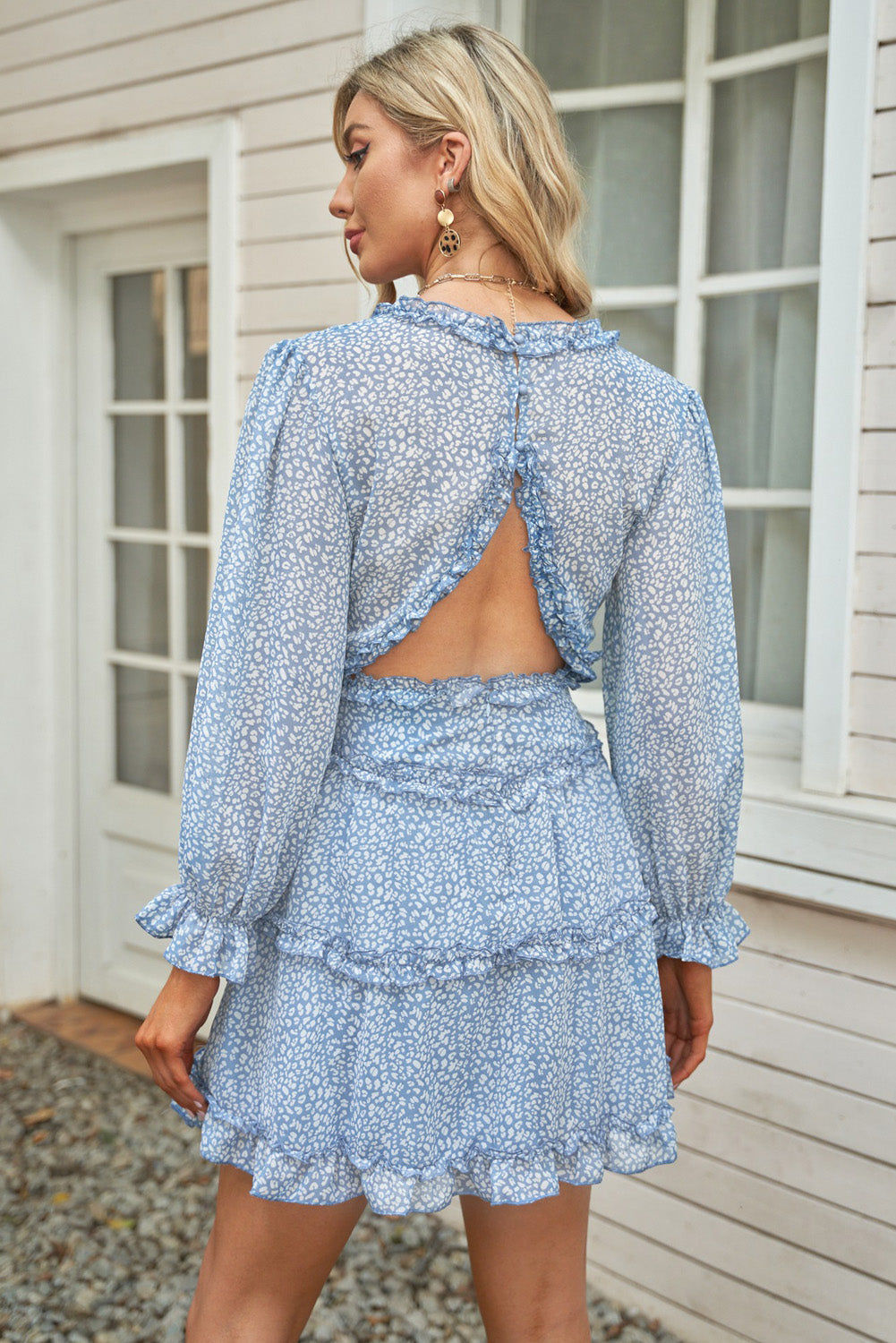 White Ruffle Detailing V-Neck Open Back Floral Dress