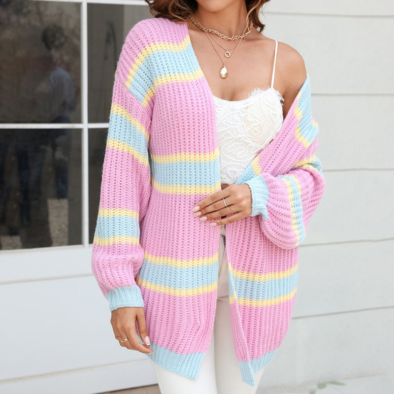 Striped Long Cardigan - Cozy Cotton-Acrylic Blend for All Seasons