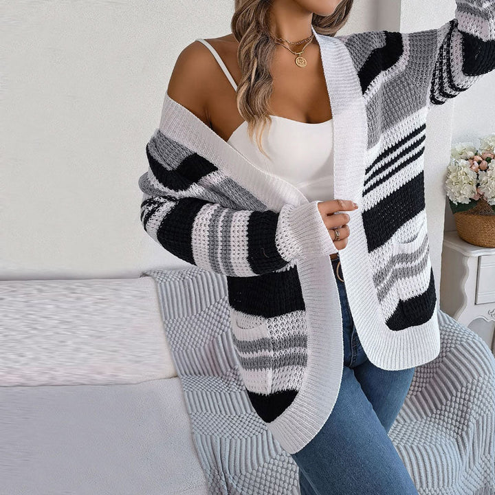 Striped Long Cardigan - Cozy Knitwear with Pockets for Women