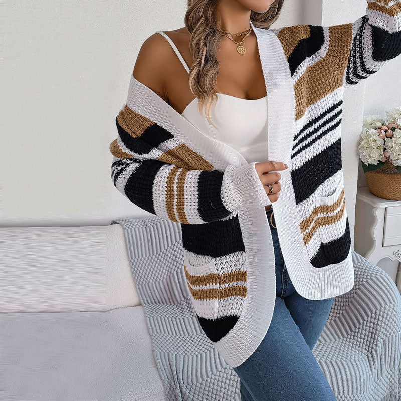 Striped Long Cardigan - Cozy Knitwear with Pockets for Women