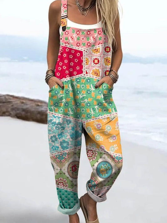 Women's Jumpsuit - Vintage Floral Design, Wide Leg Comfort & Style