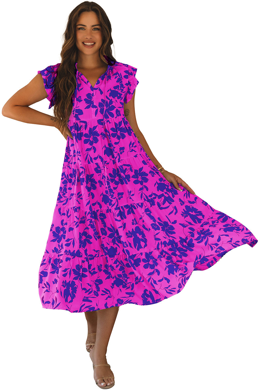 Floral Print Flutter Sleeve Maxi Dress