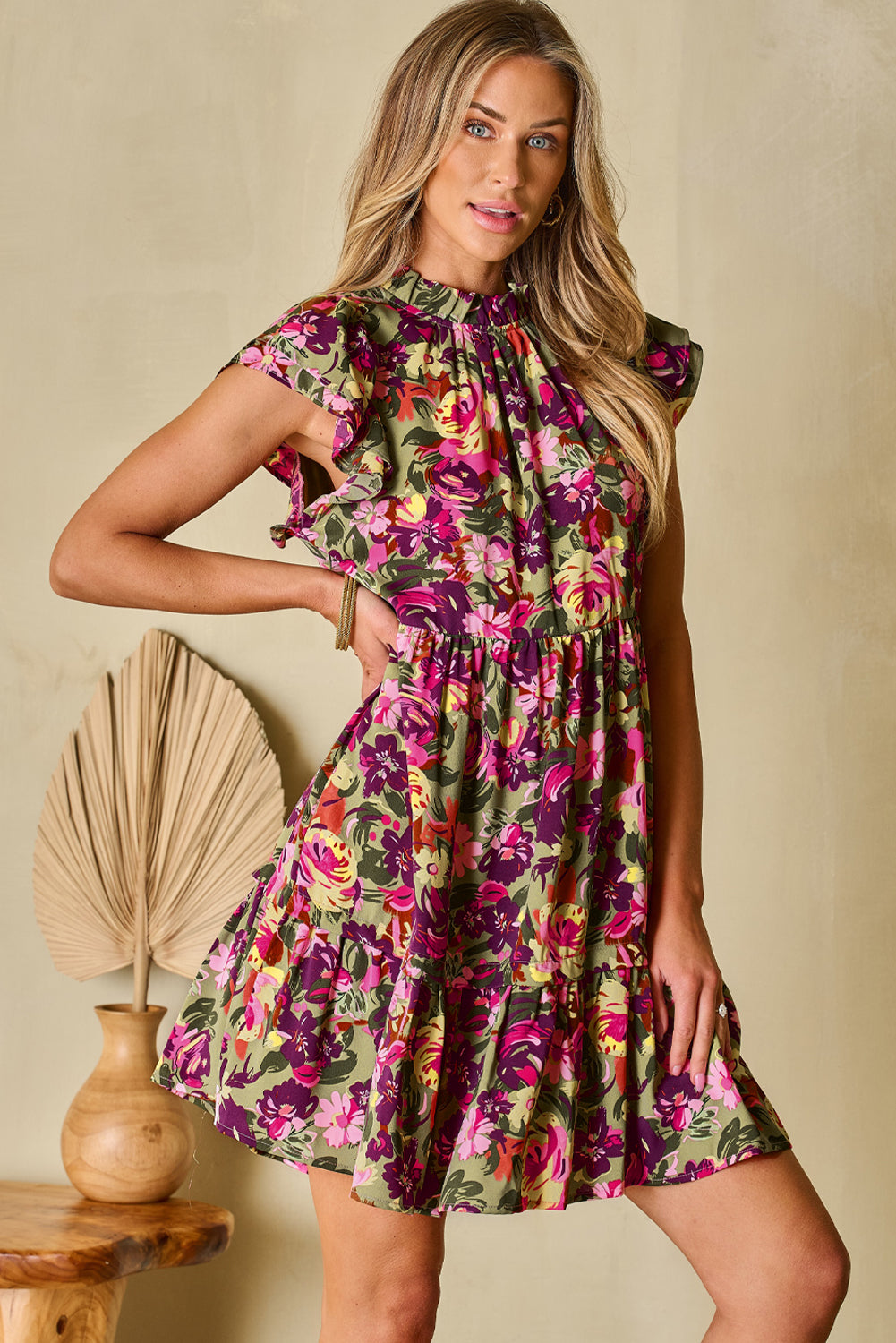 Flutter Sleeve Frilled Neck Mini Dresses