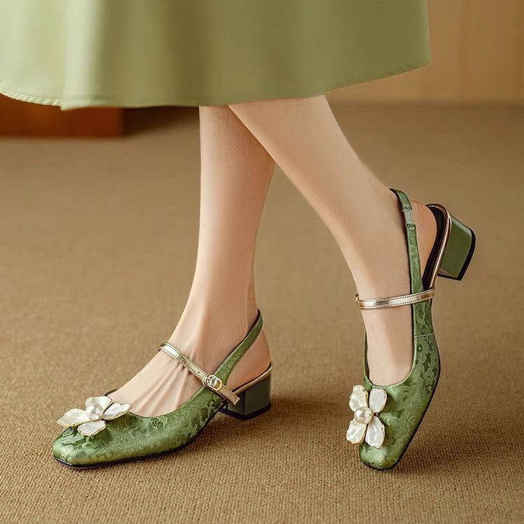 Vintage Slingback Heels - All-Day Comfort with Floral Accents