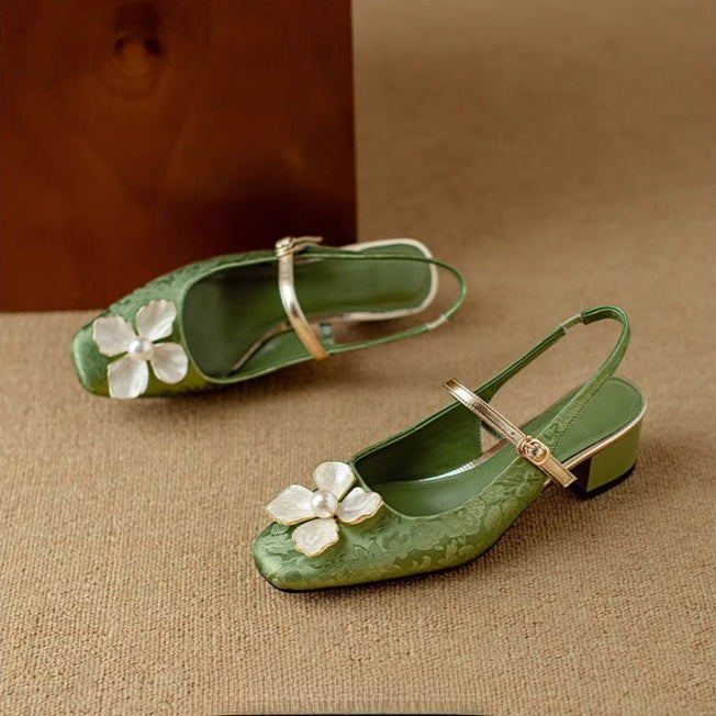 Vintage Slingback Heels - All-Day Comfort with Floral Accents